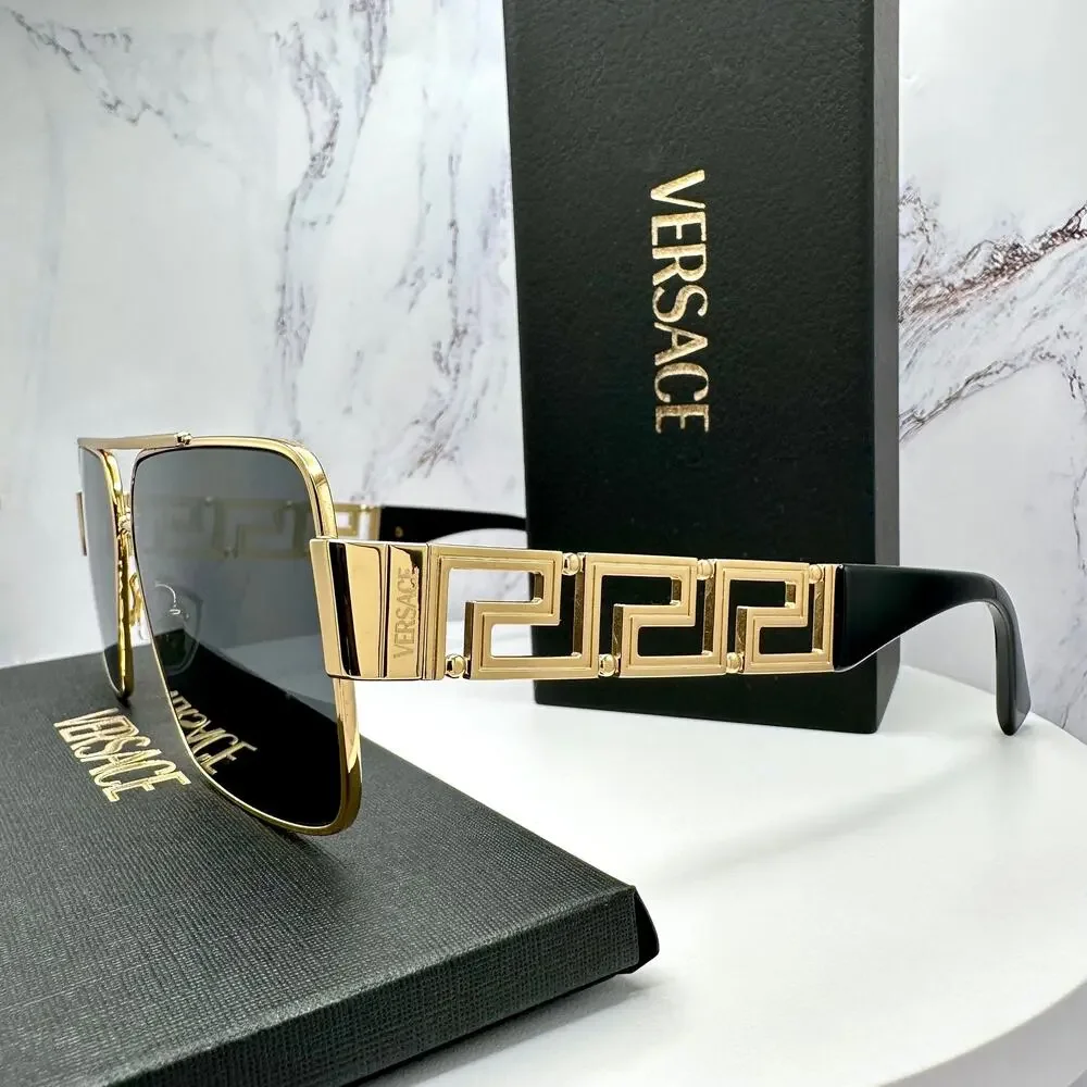 New VERSACE Sunglasses Gold Metal Greca Logo Rectangle Black Gray